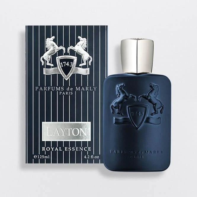 Parfums De Marly Layton 125ml dark blue perfume bottle with silver cap and embossed horse design
