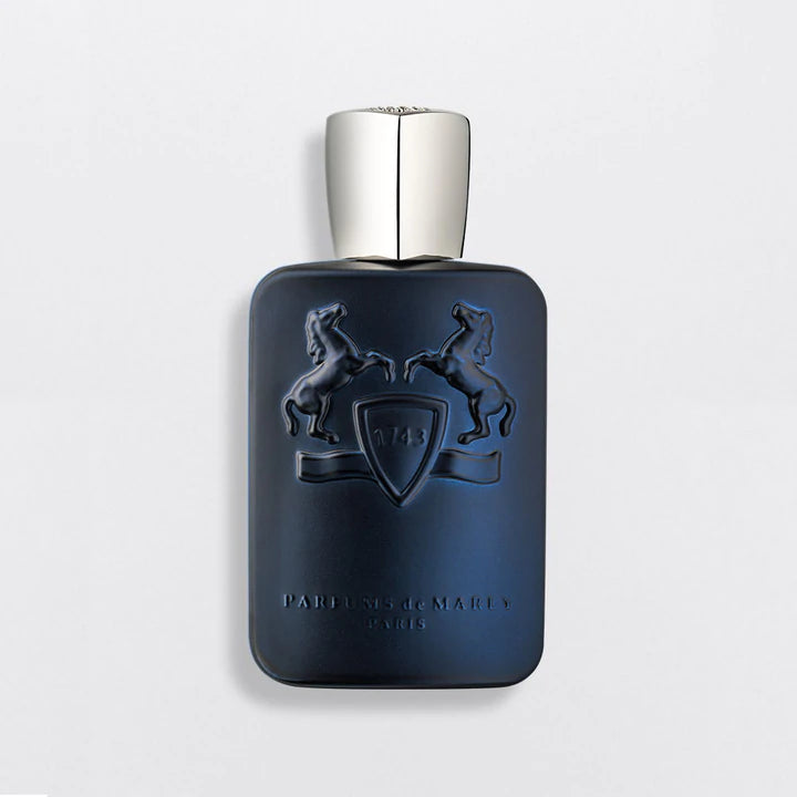 Parfums De Marly Layton 125ml dark blue perfume bottle with silver cap and embossed horse design