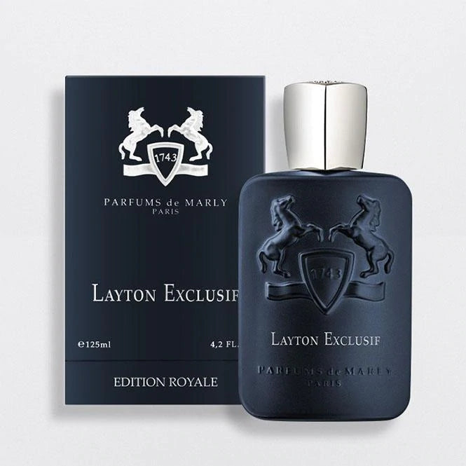 Parfums de Marly Layton Exclusif 125ml perfume bottle and box with dark blue design and silver cap