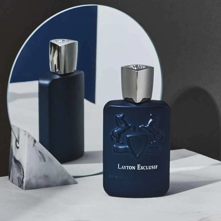 Parfums de Marly Layton Exclusif 125ml perfume bottle in dark blue with silver cap and embossed design