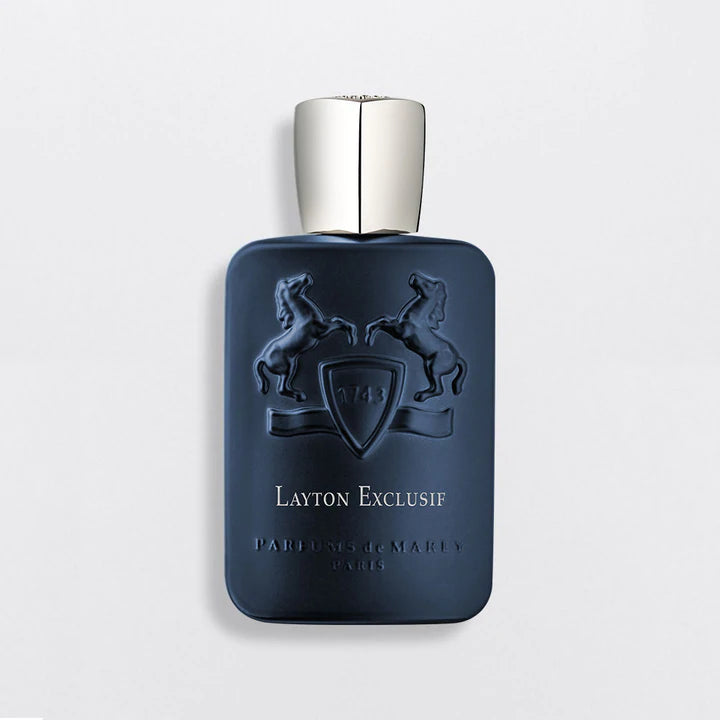 Parfums de Marly Layton Exclusif 125ml dark blue perfume bottle with silver cap and embossed horse design
