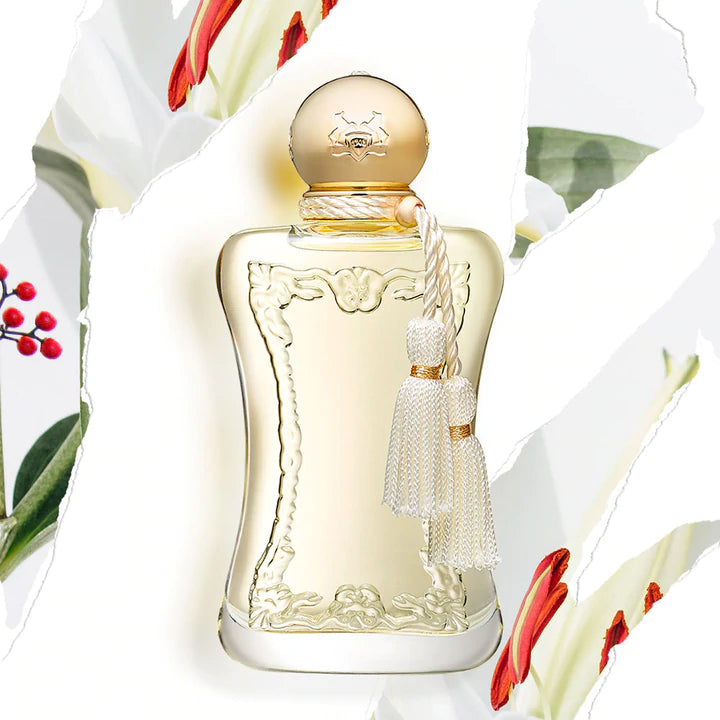 Parfums De Marly Meliora eau de parfum elegant bottle with tassel and floral background