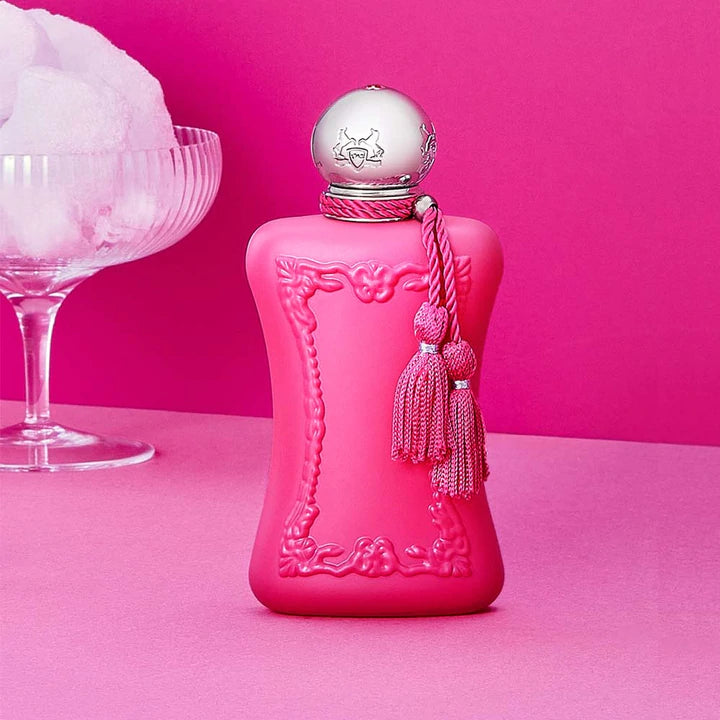 Parfums De Marly Oriana 75ml pink decorative perfume bottle with tassel on bright pink background