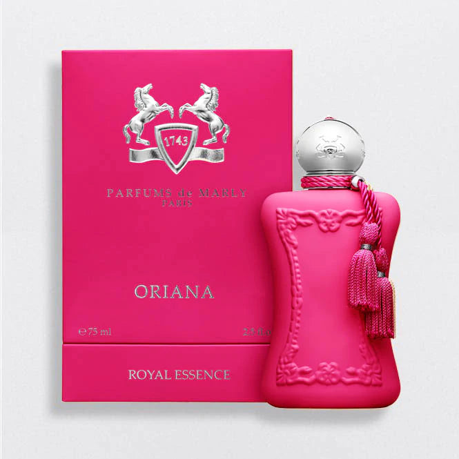 Parfums De Marly Oriana 75ml pink perfume bottle with silver cap and decorative tassel
