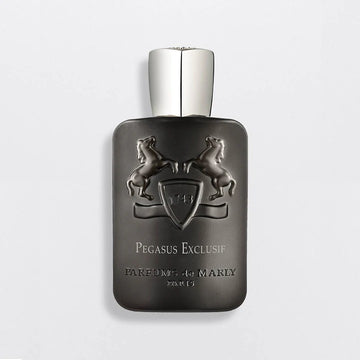 Parfums de Marly Pegasus Exclusif Dubai perfume bottle with embossed horses and silver cap