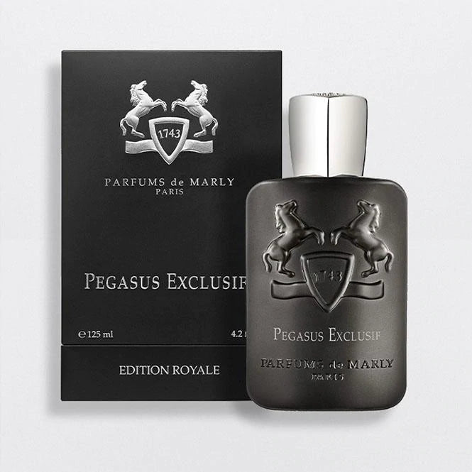 Parfums de Marly Pegasus Exclusif Dubai perfume bottle with embossed horses and silver cap