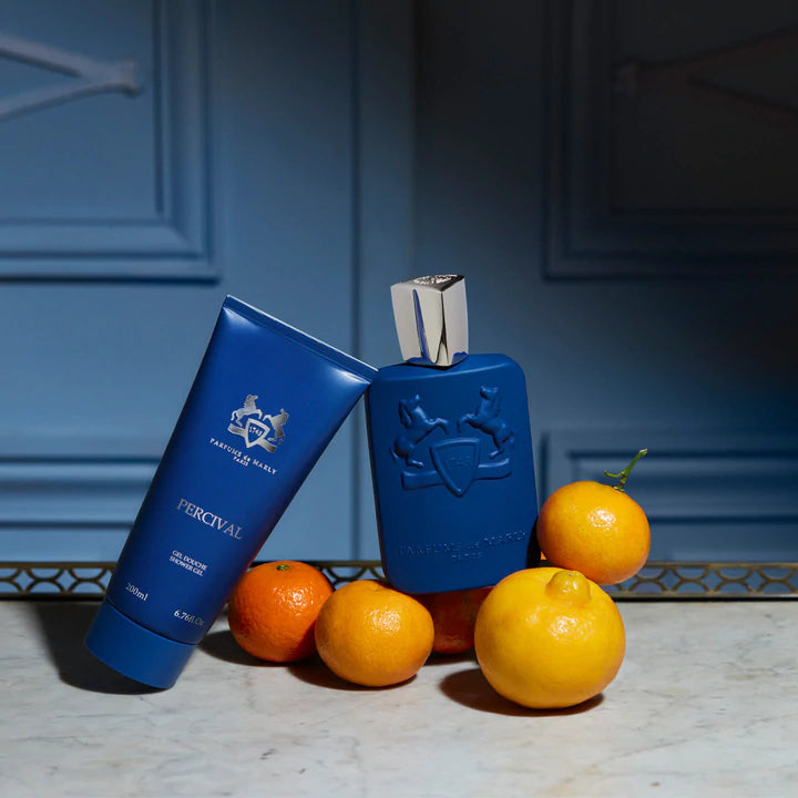 Parfums de Marly Percival 125ml perfume bottle with dark blue matte finish and embossed horse design