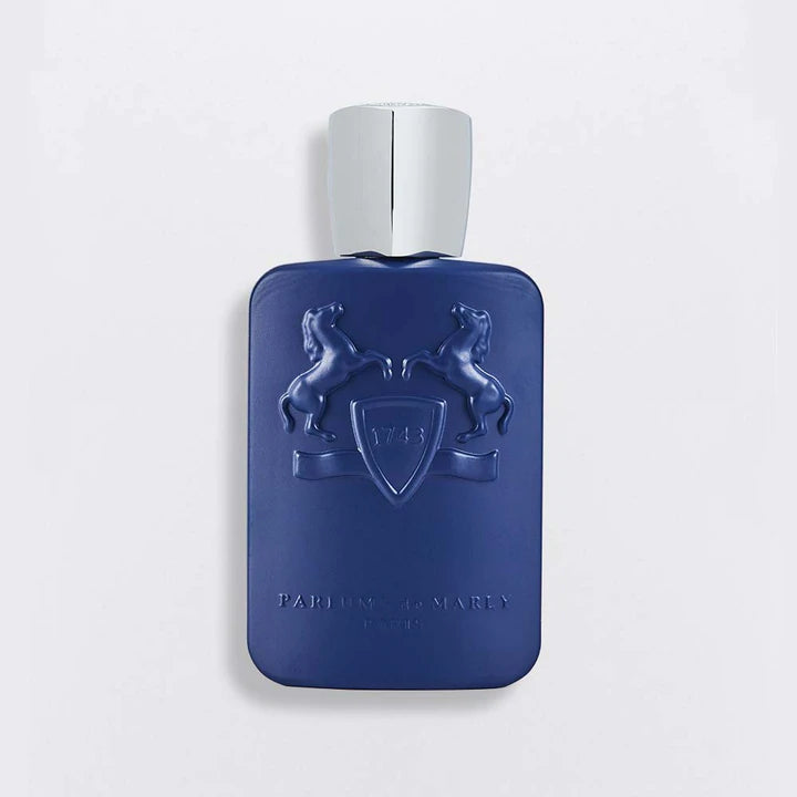 Parfums De Marly Percival 200ml perfume bottle in dark blue with silver cap and embossed horse design