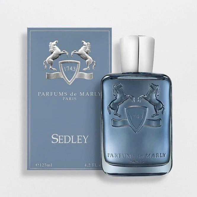 Parfums De Marly Sedley for men perfume bottle in blue glass with embossed logo and silver cap