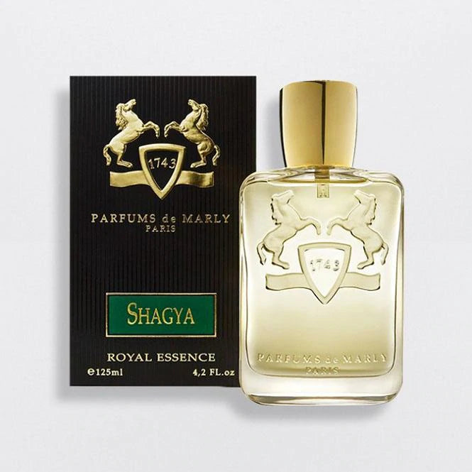 Parfums De Marly Shagya for men perfume bottle with gold cap and embossed horse design