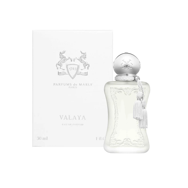 Parfums De Marly Valaya 30ml elegant white frosted perfume bottle with silver cap and tassel