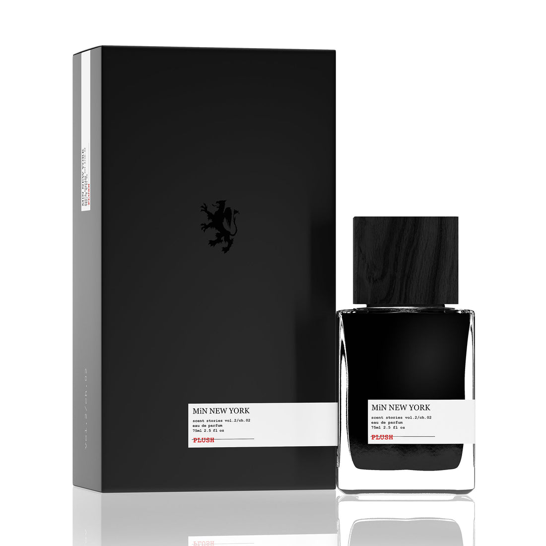 MiN NEW YORK Plush 75ml niche perfume bottle and black box packaging with minimalist design