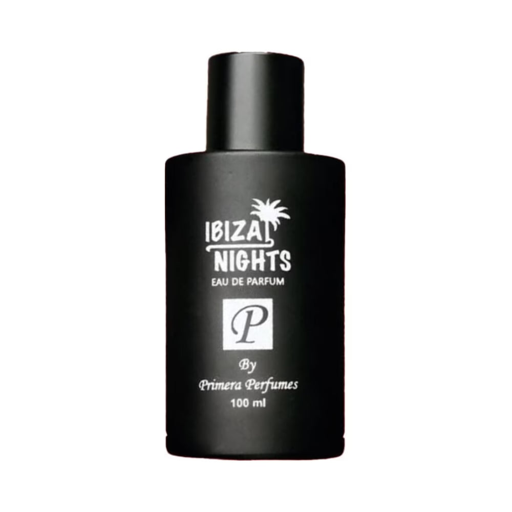 Primera Perfumes Ibiza Nights perfume 100ml black matte bottle with white text and palm tree design