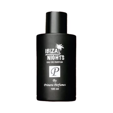 Primera Perfumes Ibiza Nights perfume 100ml black matte bottle with white text and palm tree design