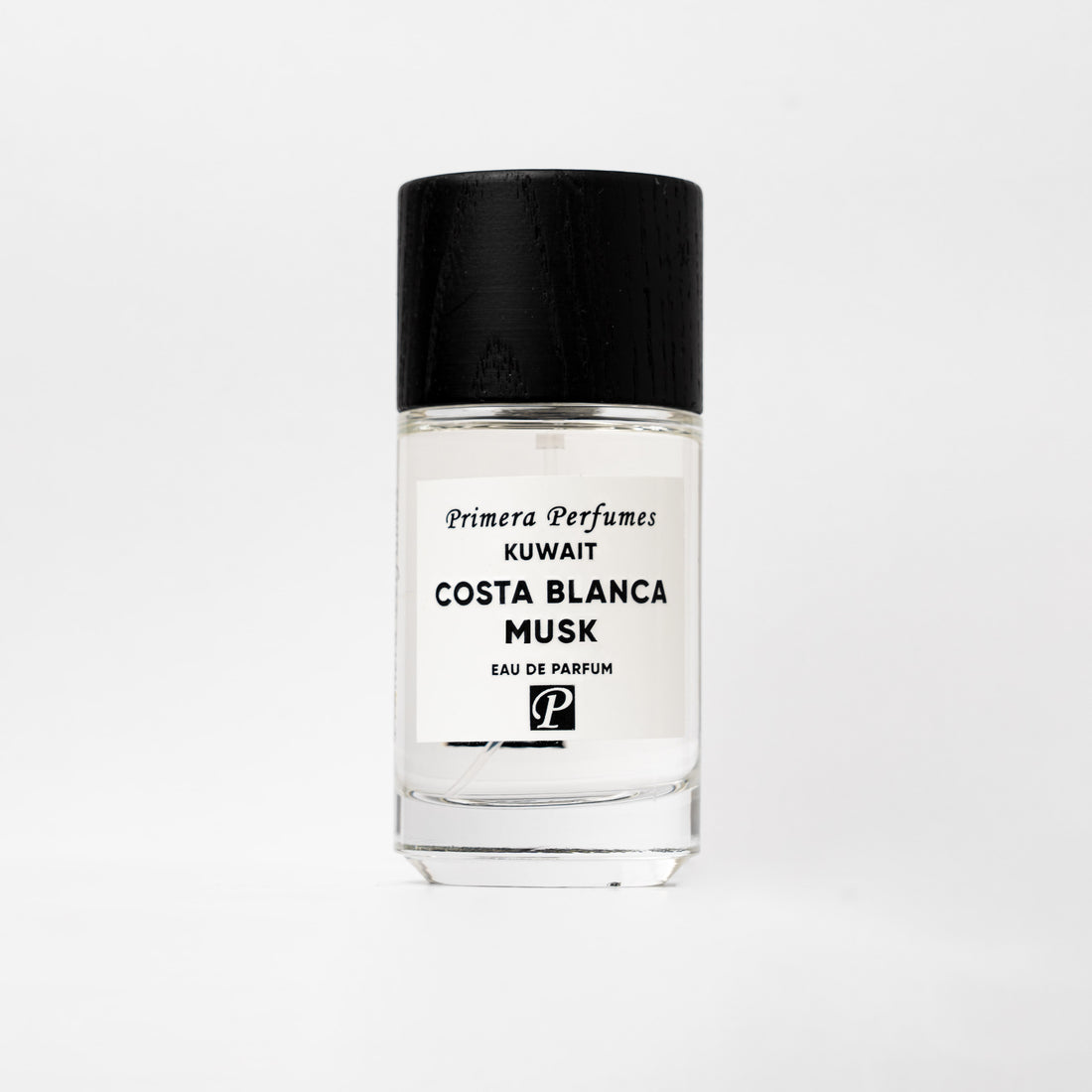 Primera Perfumes Costa Blanca musk perfume bottle with black cap and clear glass design