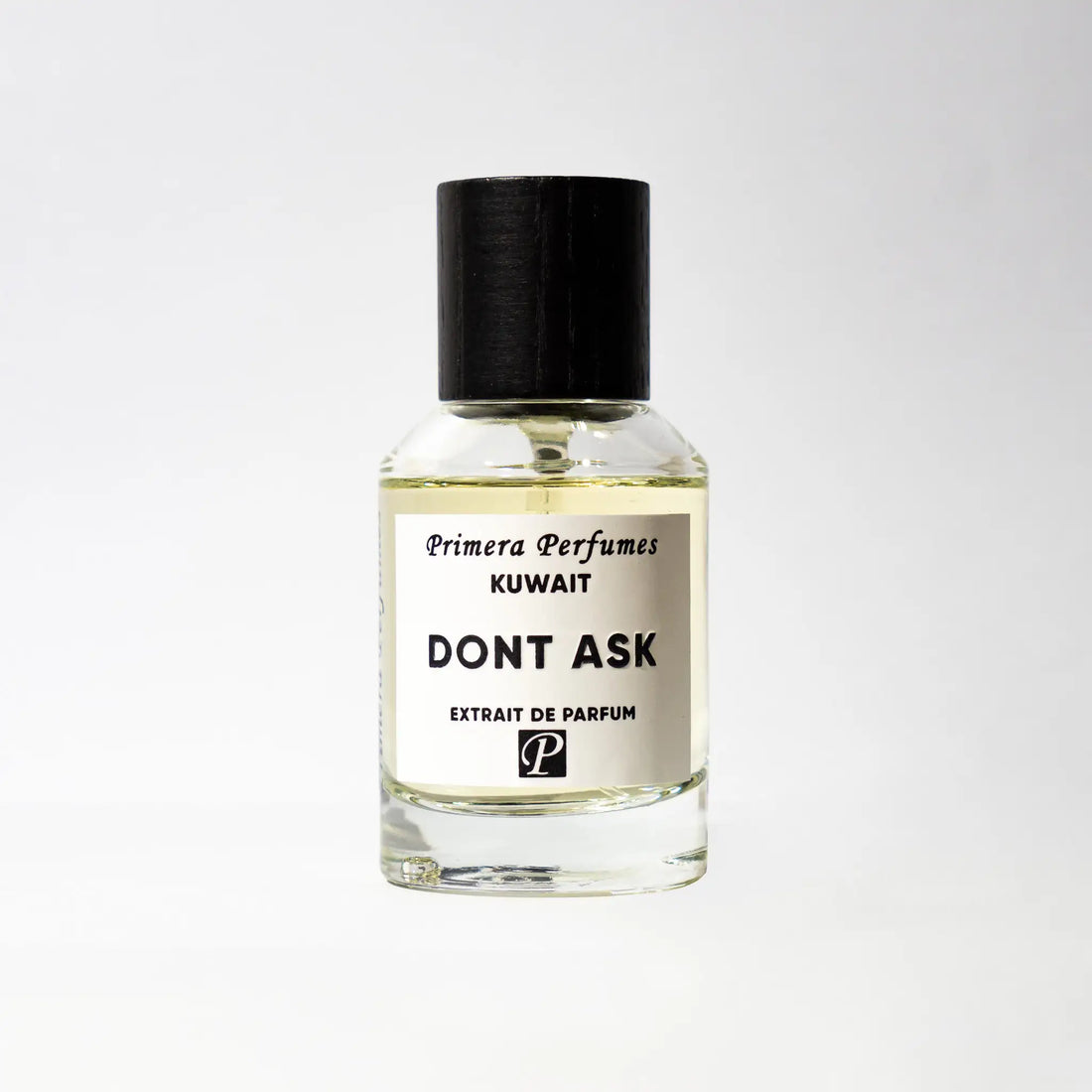 Primera Perfumes Don’t Ask niche perfume bottle with black cap and clear glass packaging