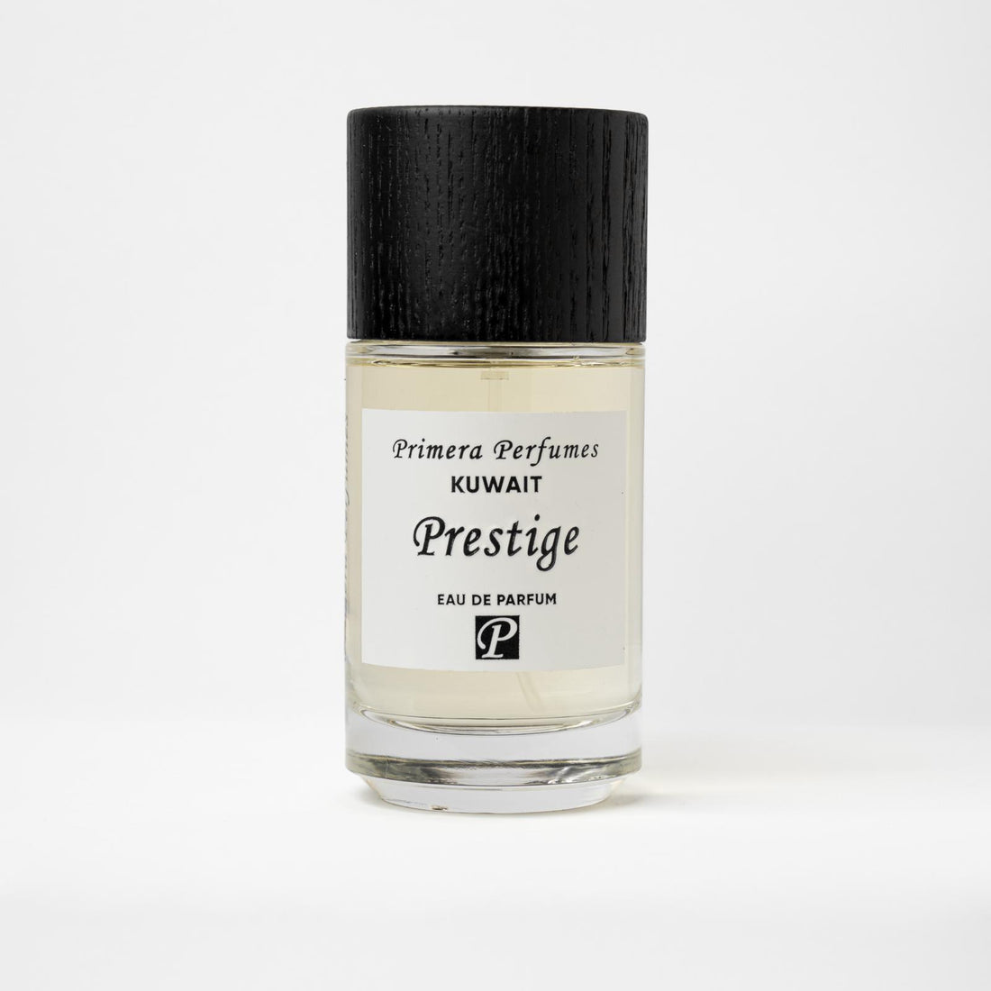 Primera Perfumes Prestige eau de parfum 100ml bottle with black wooden cap and white label