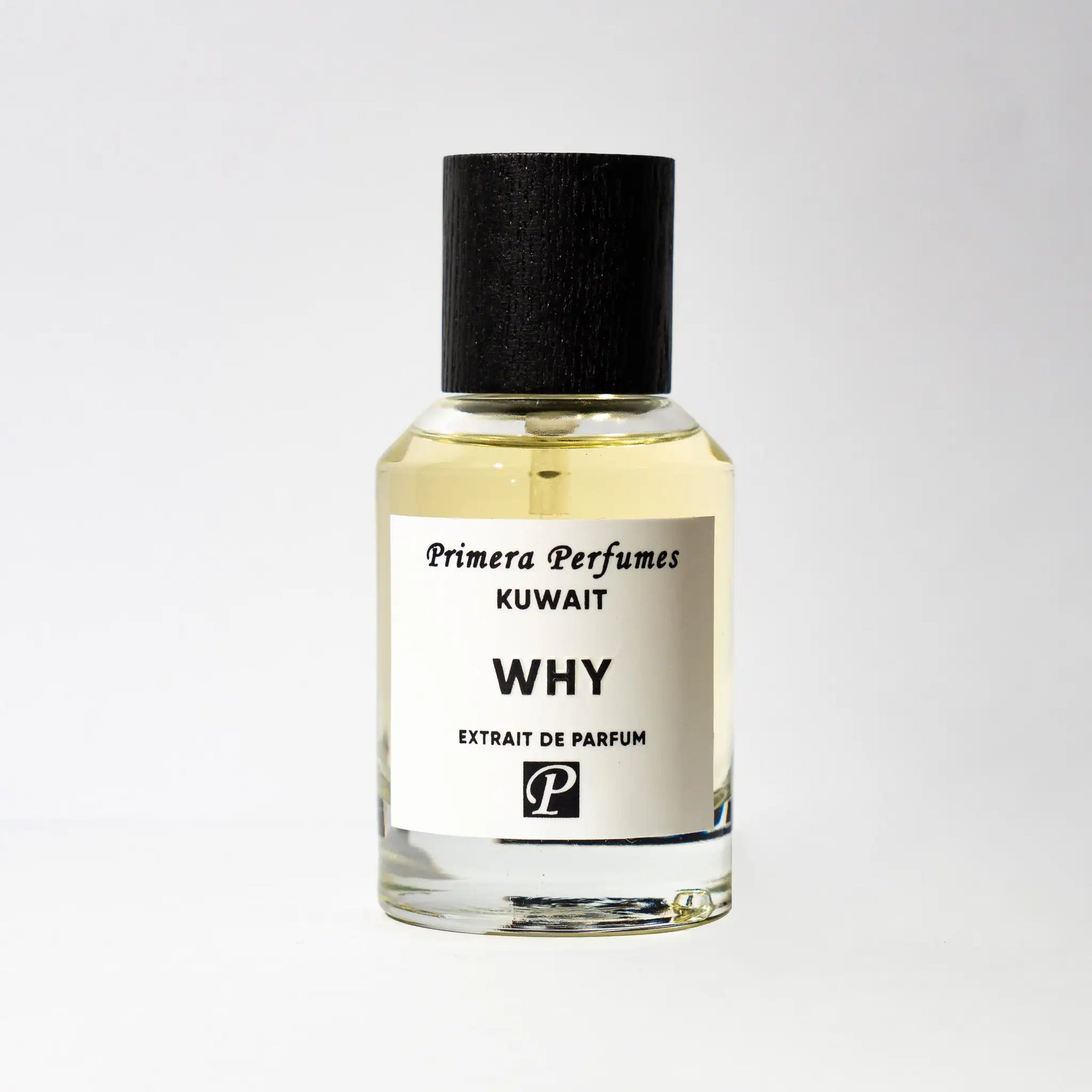 Primera Perfumes WHY Extrait de Parfum 100ml bottle with black cap and clear glass packaging
