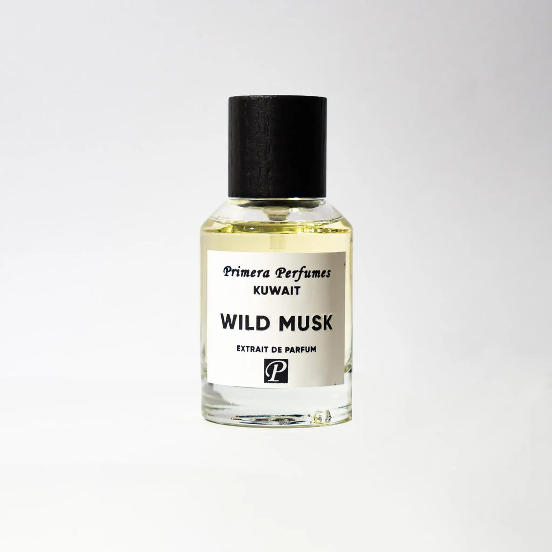 Primera Perfumes Wild Musk perfume bottle with black cap and white label on white background