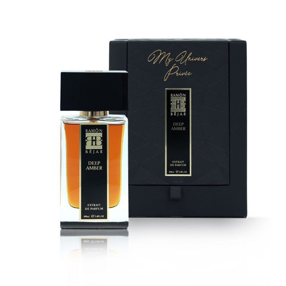 Ramon Bejar Deep Amber niche perfume bottle with black cap and matching black gift box