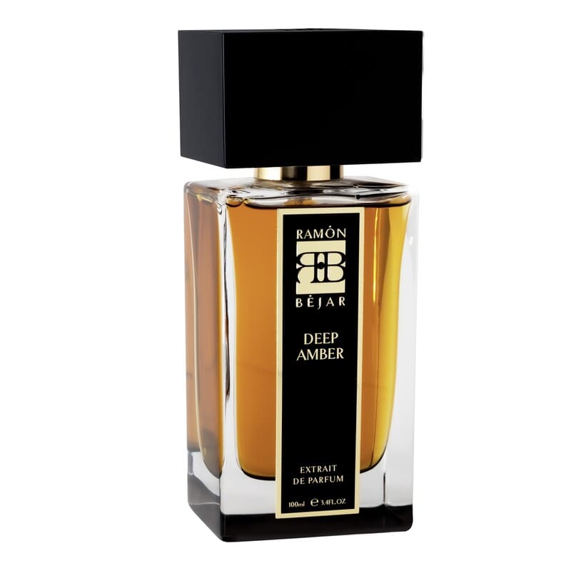 Ramon Bejar Deep Amber niche perfume bottle with black cap and matching black gift box