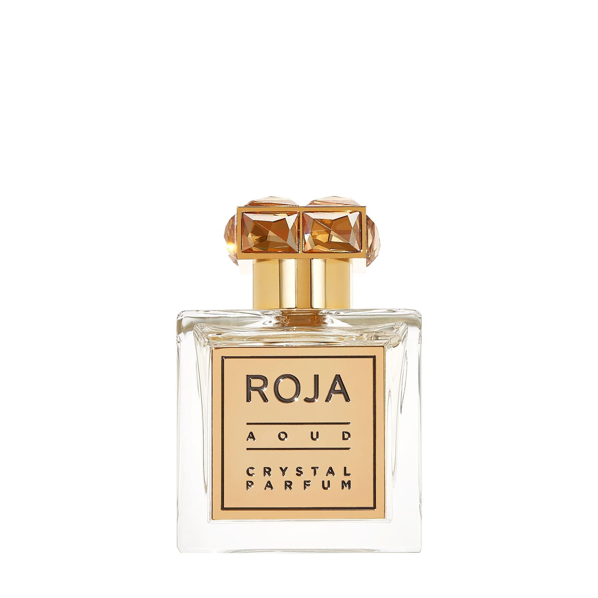 Roja Parfums Aoud Crystal perfume bottle with gold and crystal embellished cap