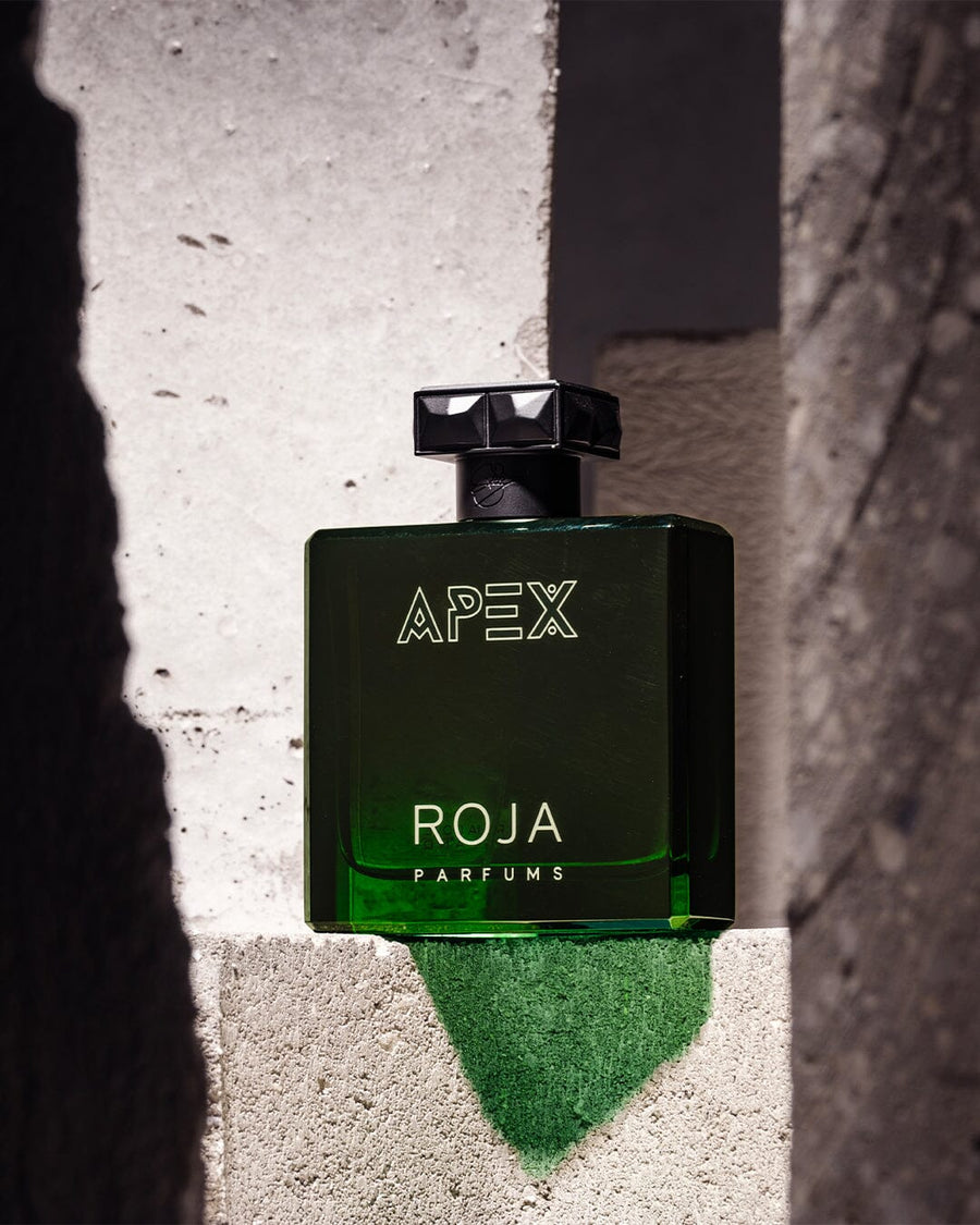 Roja Parfums Apex Pour Homme perfume for men in a dark green glass bottle with black cap