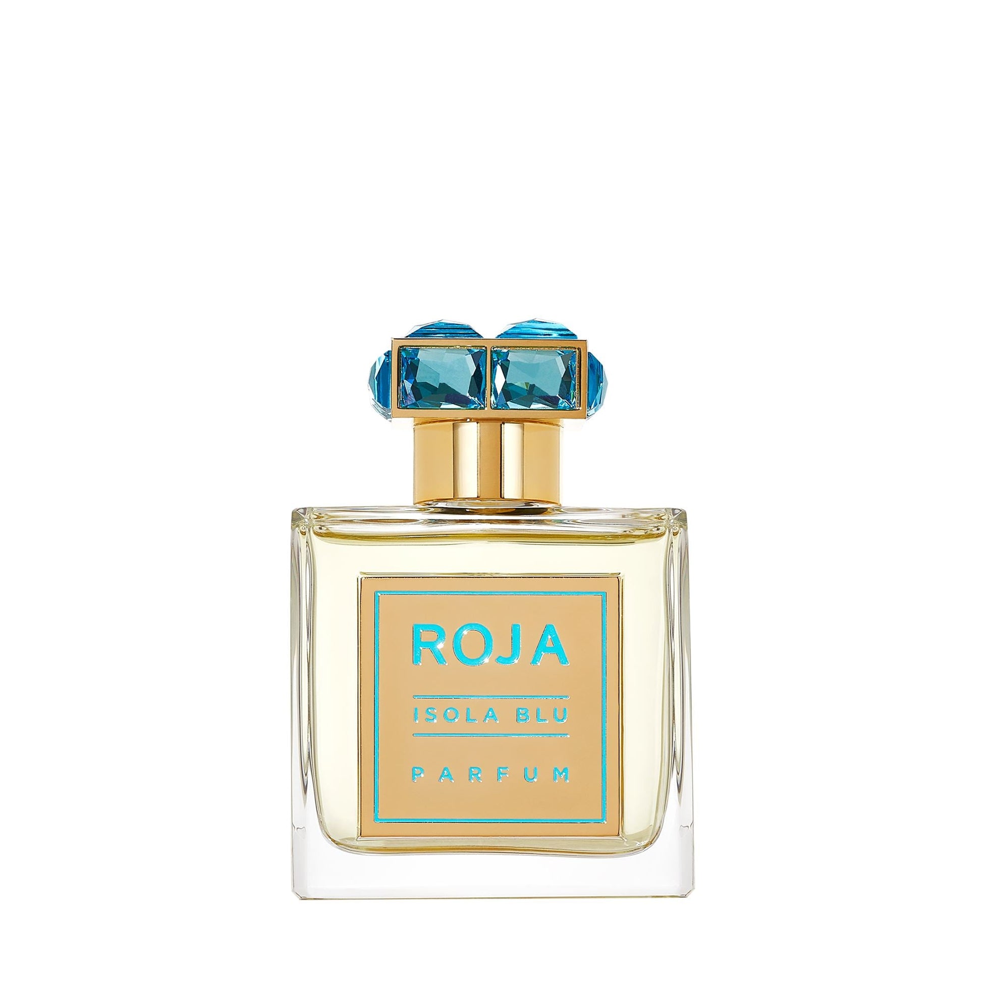 Roja Parfums Isola Blu perfume bottle with gold and blue accents buy Roja Isola Blu online