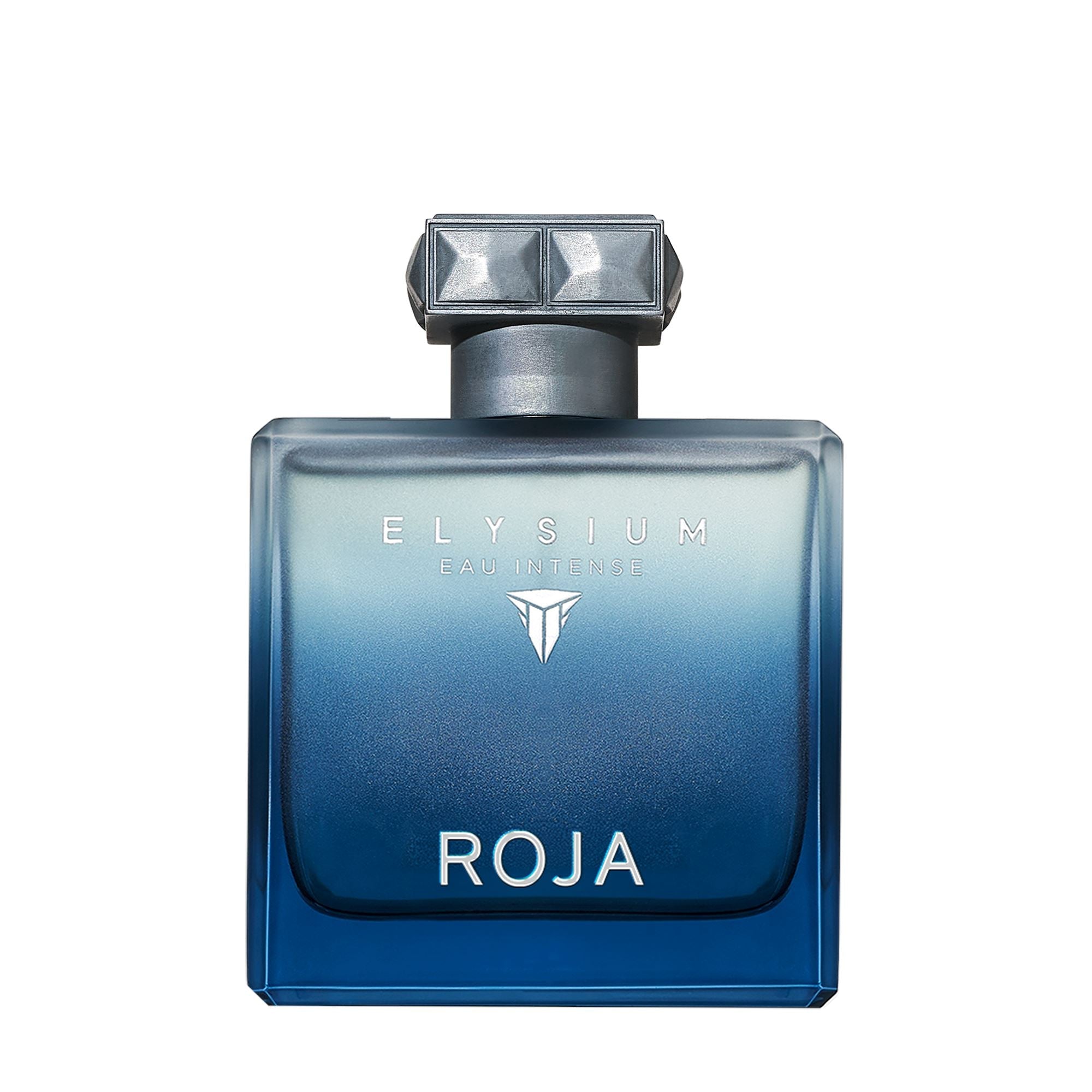 Roja Parfums Elysium Eau Intense perfume bottle with blue gradient glass and silver cap