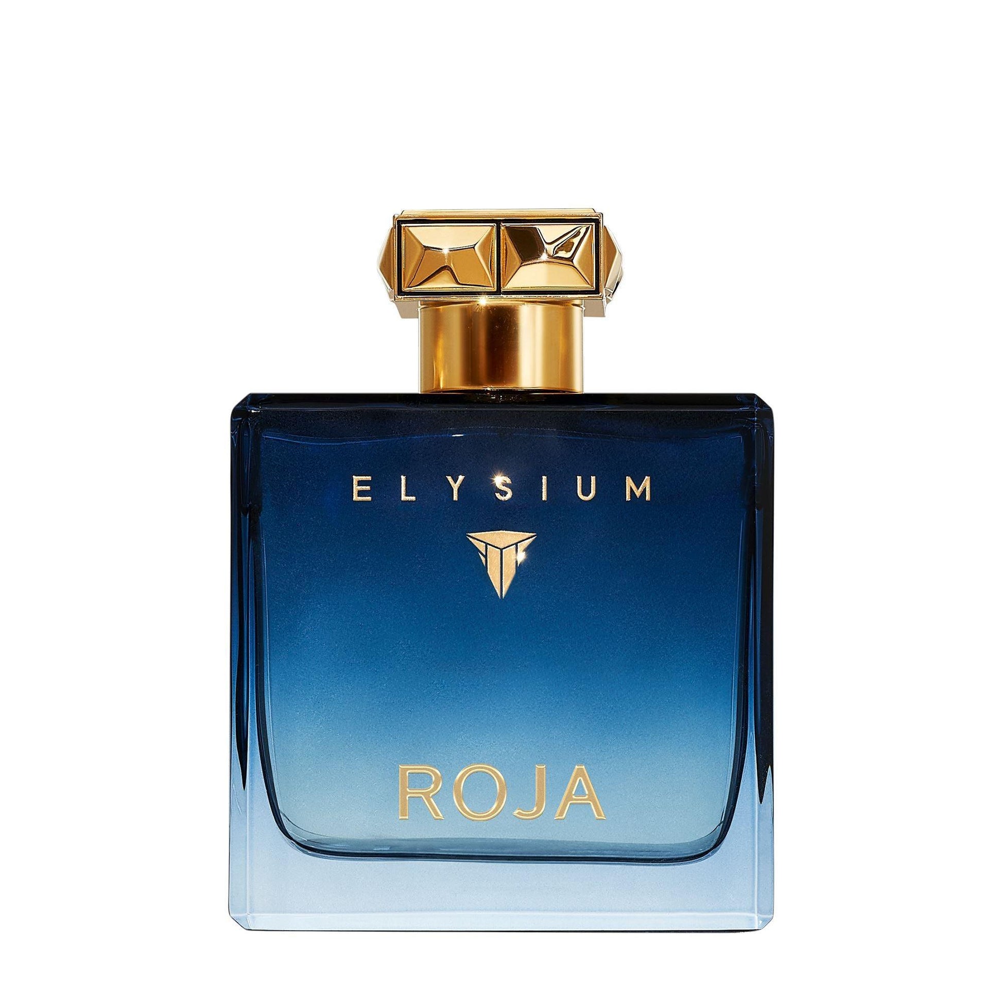 Roja Parfums Elysium perfume for men in a blue gradient glass bottle with gold cap and lettering