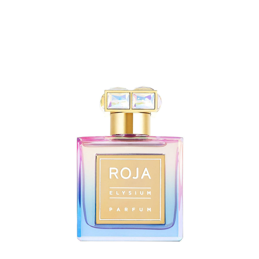 Roja Parfums Elysium Pour Femme perfume bottle with gradient pink and blue glass and gold cap