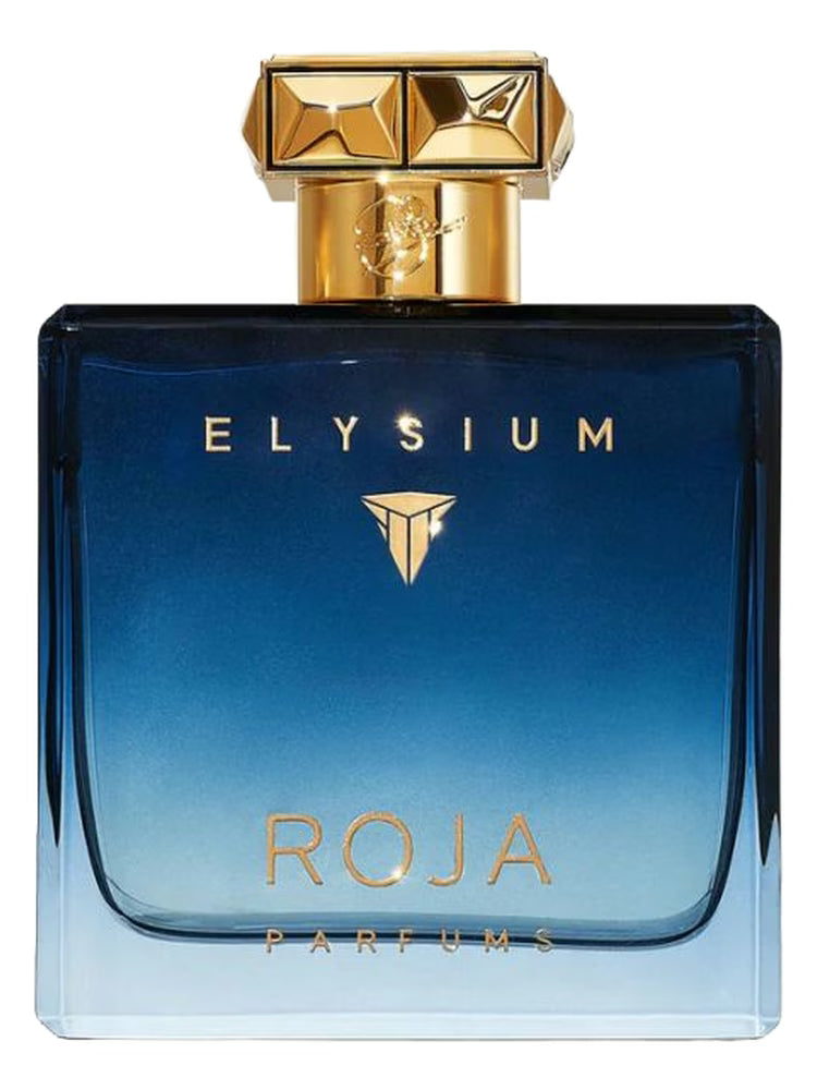 Roja Elysium Pour Homme cologne in a luxurious blue glass bottle with a stylish gold cap