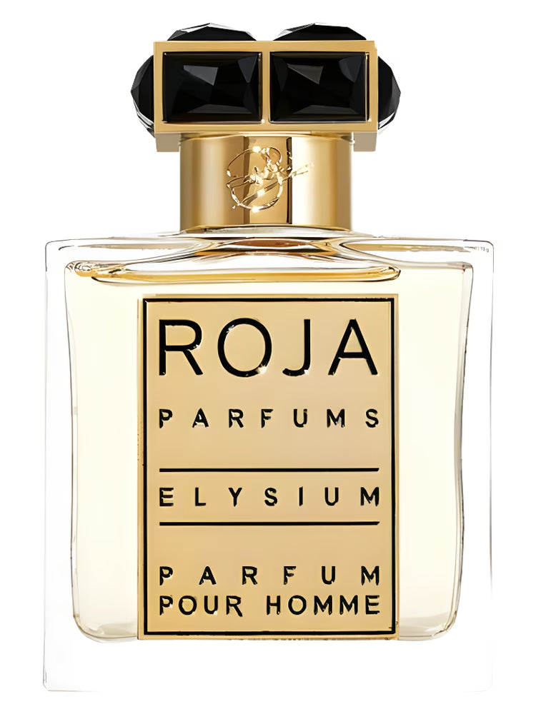Roja Elysium Pour Homme cologne in a luxurious blue glass bottle with a stylish gold cap