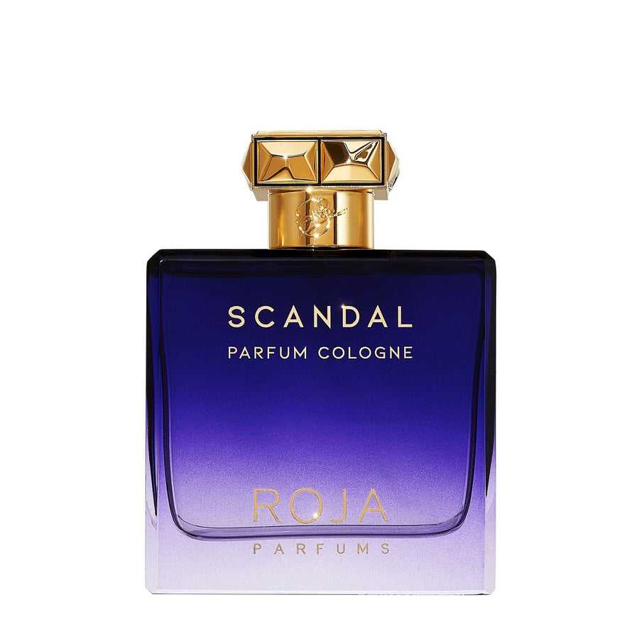 Roja Parfums Scandal Pour Homme perfume bottle with gradient purple design and gold cap
