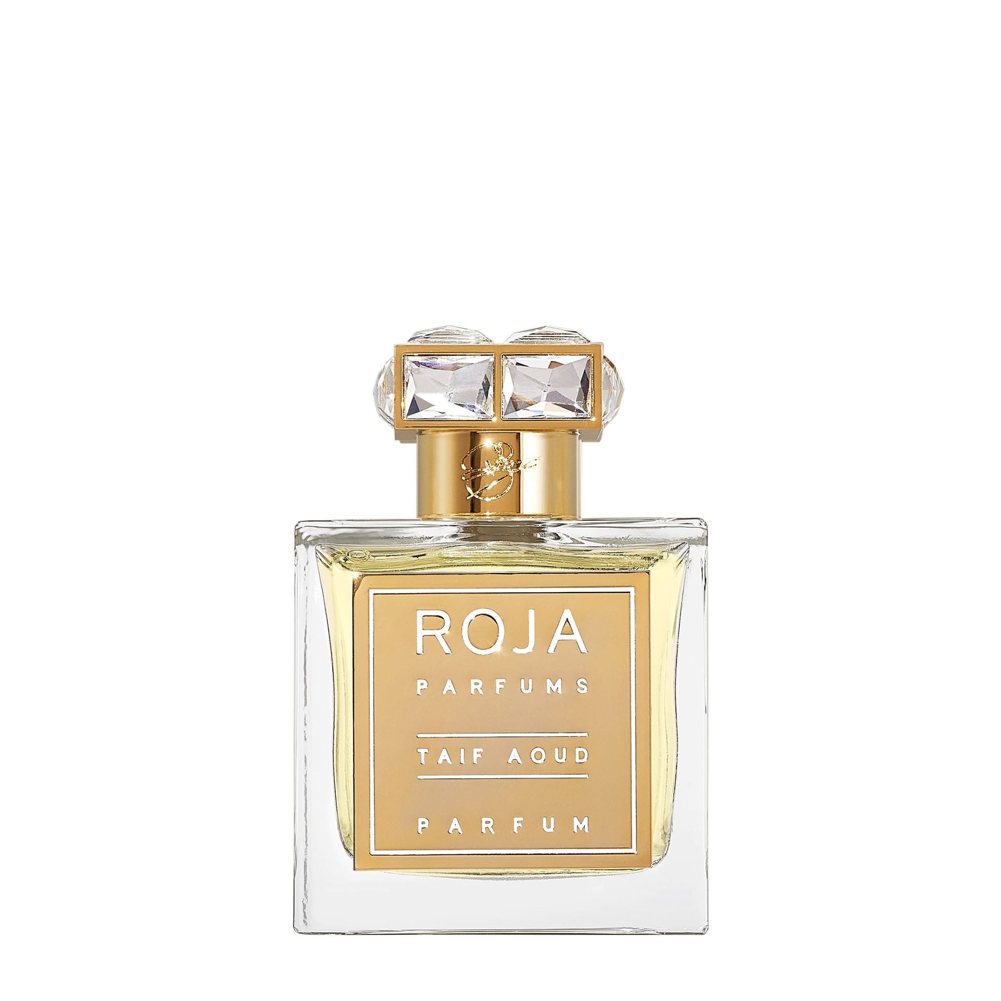 Roja Parfums Taif Aoud perfume in clear glass bottle with gold label and decorative cap