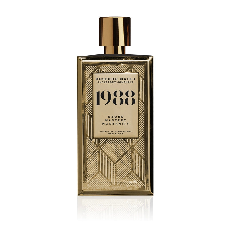 Rosendo Mateu 1988 perfume in gold geometric patterned bottle with metallic cap