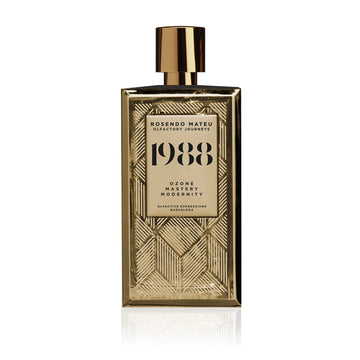 Rosendo Mateu 1988 perfume in gold geometric patterned bottle with metallic cap