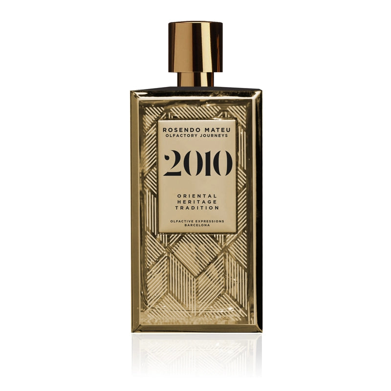 Rosendo Mateu eau de parfum 100ml bottle with gold geometric design and black lettering
