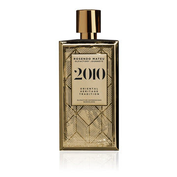 Rosendo Mateu eau de parfum 100ml bottle with gold geometric design and black lettering
