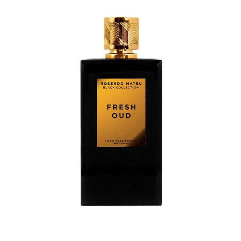 Rosendo Mateu Fresh Oud perfume black bottle with gold label and cap from Black Collection