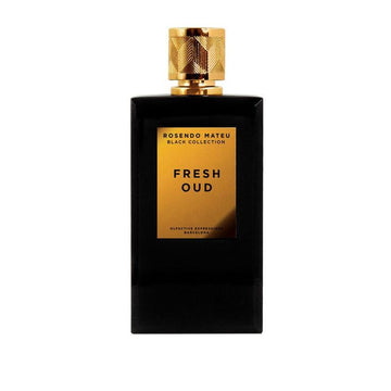 Rosendo Mateu Fresh Oud perfume black bottle with gold label and cap from Black Collection