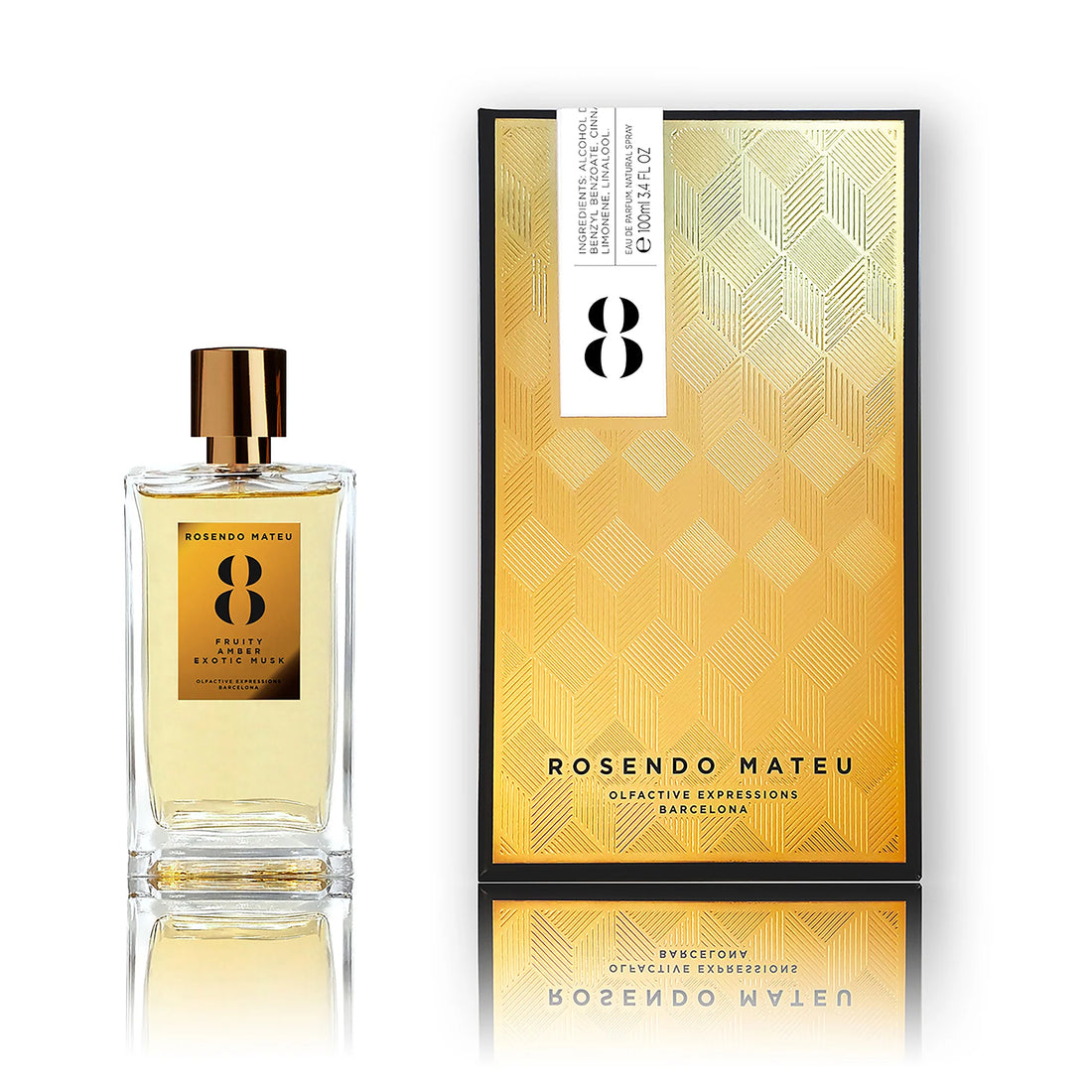 Rosendo Mateu No 8 perfume Dubai bottle with golden label and citrus amber musk fragrance