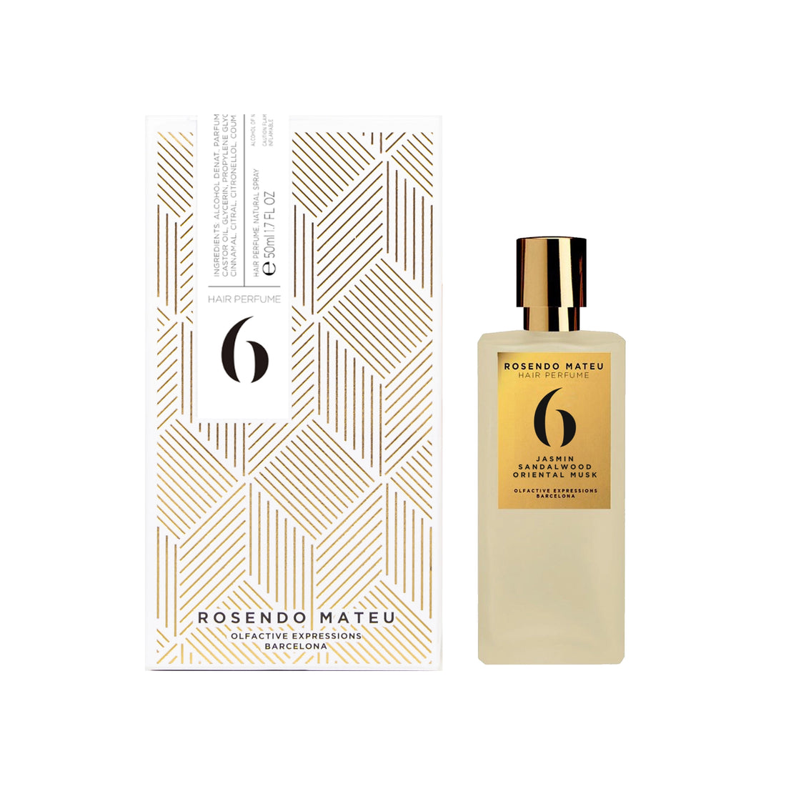 Rosendo Mateu No6 hair perfume bottle and white geometric patterned box with gold accents