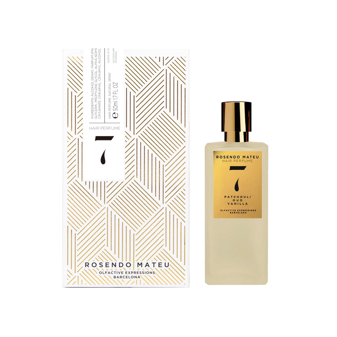 Rosendo Mateu No7 hair perfume with patchouli and vanilla in sleek gold and white packaging