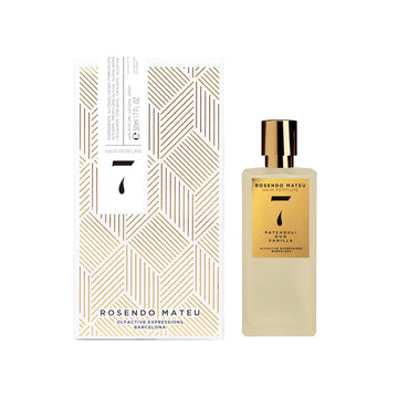 Rosendo Mateu No7 hair perfume with patchouli and vanilla in sleek gold and white packaging