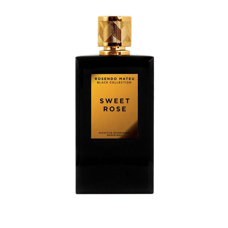 Rosendo Mateu Sweet Rose perfume black bottle with gold label and cap from Black Collection