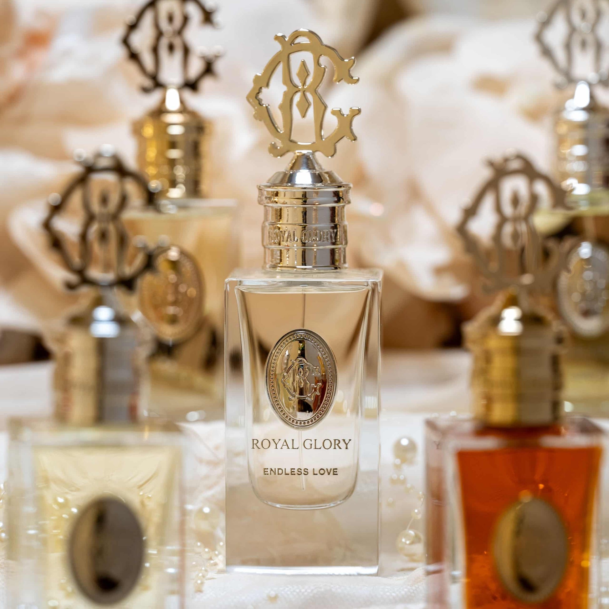 ROYAL GLORY Endless Love perfume 60ml bottle with gold decorative cap and clear glass design