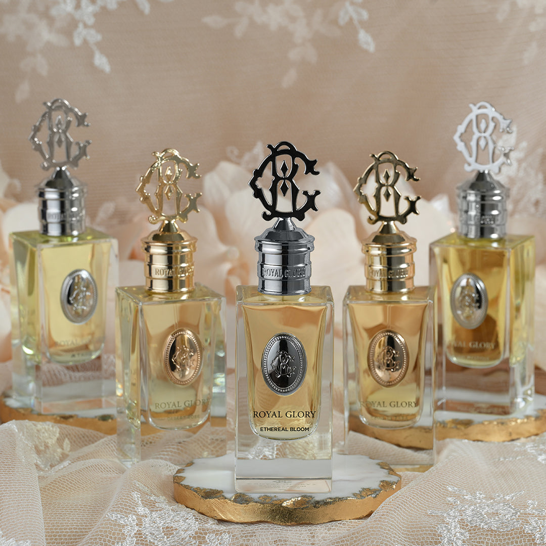 ROYAL GLORY Ethereal Bloom perfume 60ml in a clear rectangular glass bottle with ornate silver cap