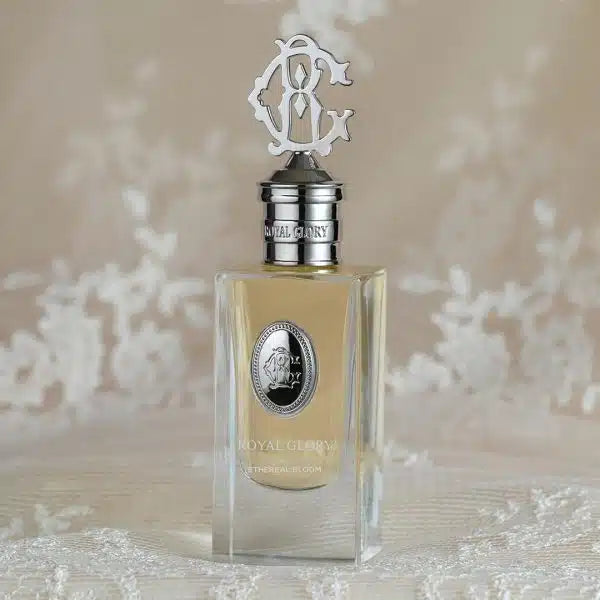 ROYAL GLORY Ethereal Bloom perfume 60ml in a clear rectangular glass bottle with ornate silver cap