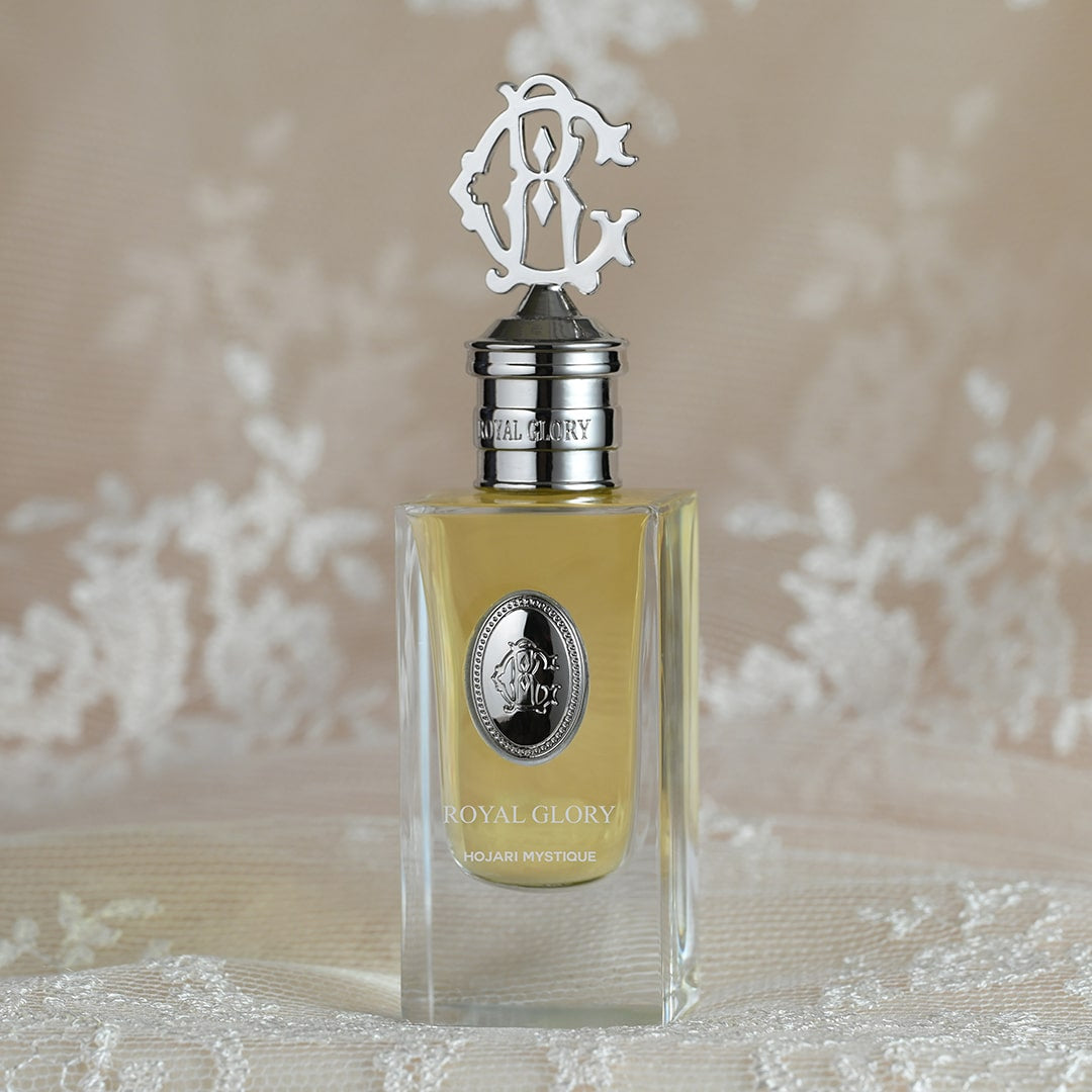 ROYAL GLORY Hojari Mystique perfume in elegant glass bottle with silver cap and logo emblem